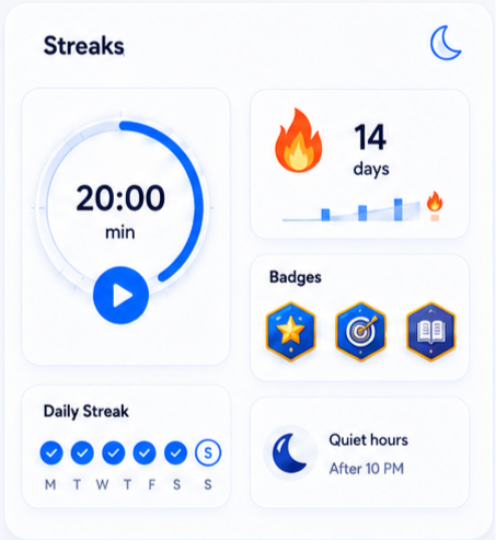 Streak + badges screen on Inforida